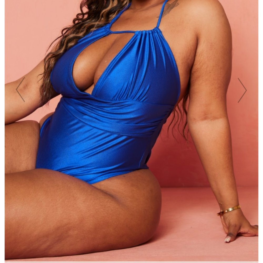 NEW! PLUS! BRIGHT BLUE CUT OUT ASYMMETRIC SWIMSUIT